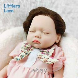 18'' Asleep Silicone Reborn Baby Girl Brown Curly Hair Silicone Doll Kids Gift